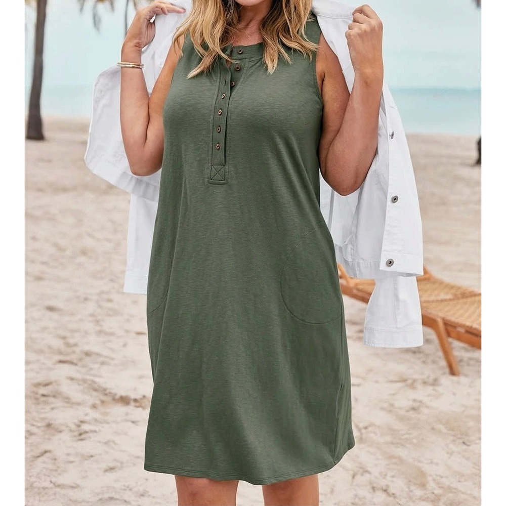 J.Jill Cypress Green Cotton Tencel Knit Henley Sleeveless Pocket Dress Sz 2X